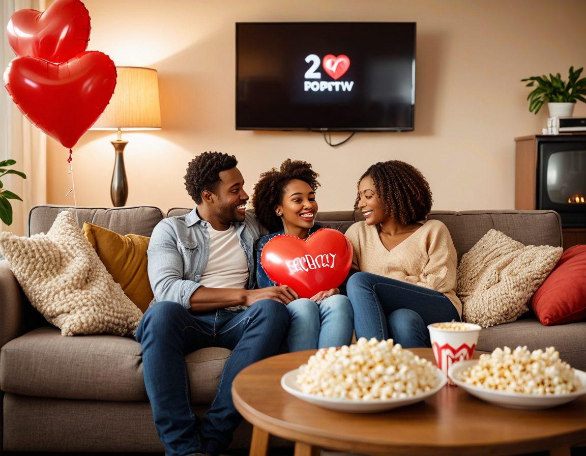 A cozy living room with a couple snuggled on a couch, surrounded by heart-shaped balloons, popcorn and a TV with '22TV' logo playing scenes from romantic comedies and dramas. Soft focus and warm lighting. vibrant colors. super-realistic.