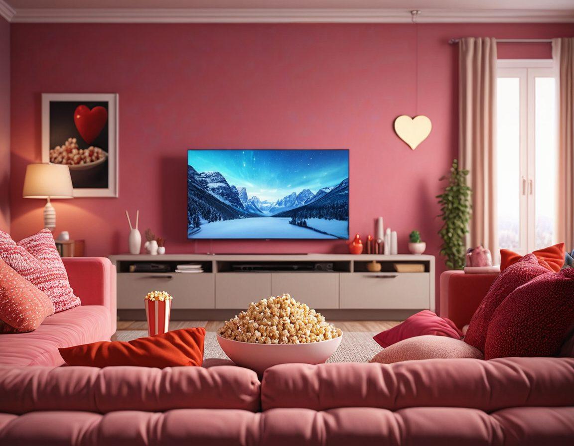 A cozy living room scene with a modern TV set displaying thumbnails of romantic TV shows. Popcorn, cozy blankets, and a couch with cute heart-shaped pillows are in the foreground. The TV screen shows couples in romantic moments, creating a warm and inviting atmosphere. 3D. vibrant colors.